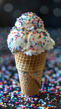 A close up of an ice cream cone with sprinkles on it