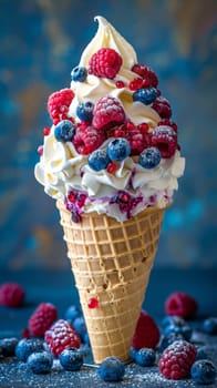 An ice cream cone with berries and whipped topping on top
