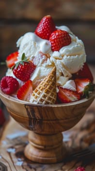 A bowl of ice cream with strawberries and whipped topping