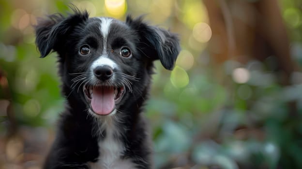 A black and white dog sitting in the woods with his tongue hanging out