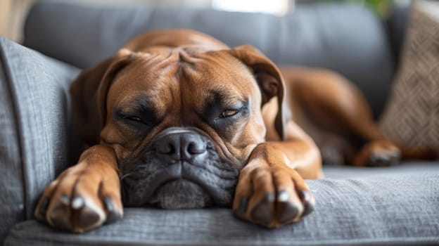 A dog laying on a couch with its eyes closed
