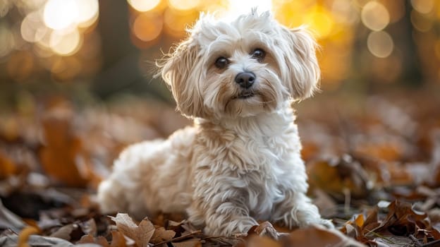 A small white dog sitting on a pile of leaves in the woods
