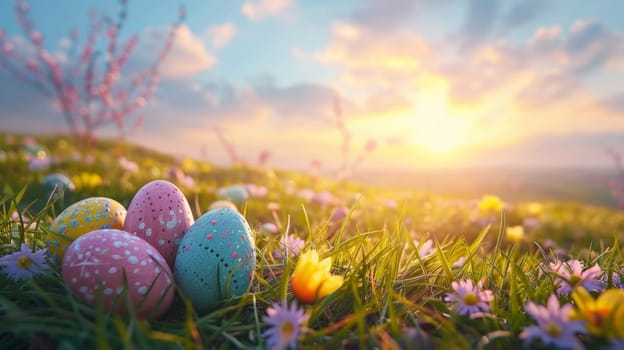 Easter eggs in the grass with flowers and sun