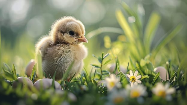 A small chicken sitting in a field of flowers and eggs