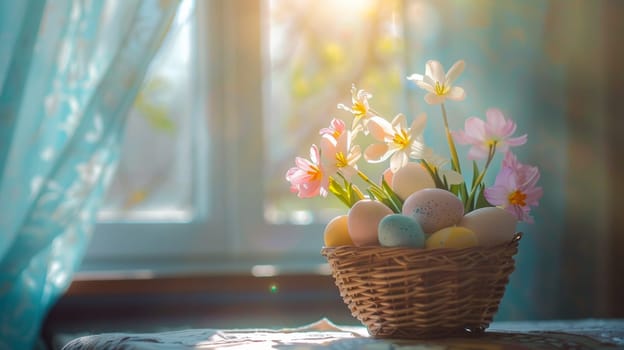 A basket with flowers and eggs on a table in front of the window