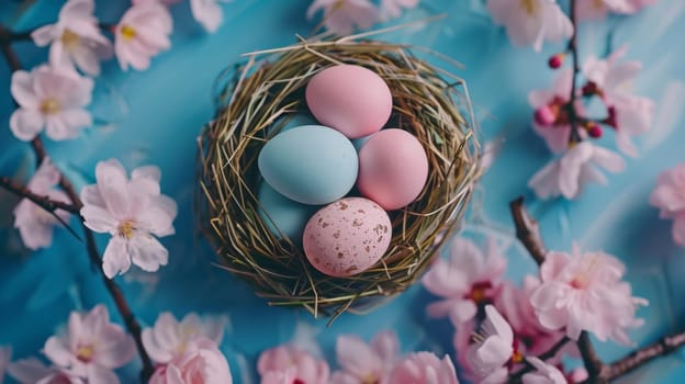A nest with eggs in it on a blue background