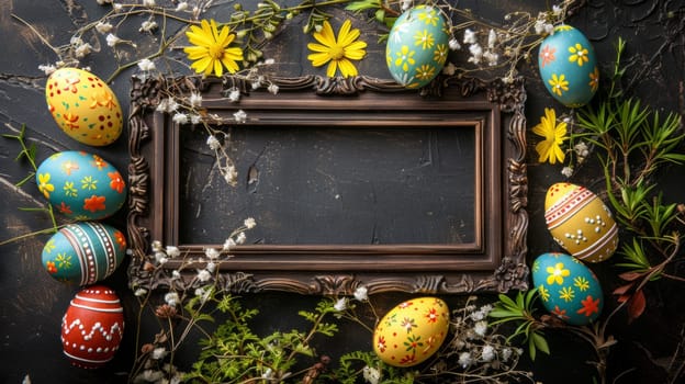 A picture of a frame with easter eggs and flowers in front