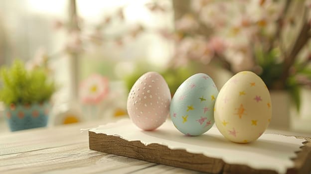 Three decorated eggs are sitting on a table in front of flowers