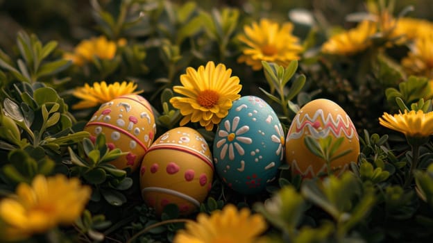 A group of painted eggs are sitting in a field with flowers