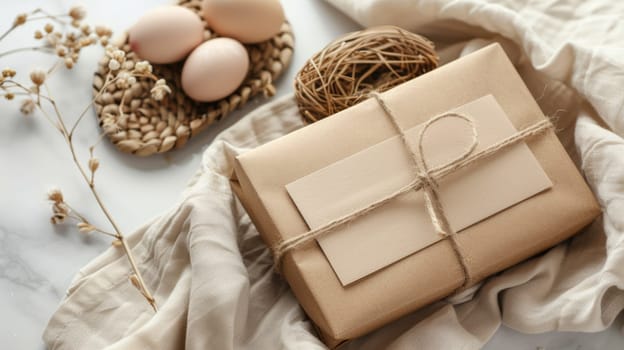 A brown package with string tied to it sitting on a blanket
