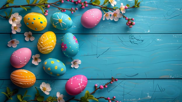 A blue painted easter eggs and flowers on a wooden table