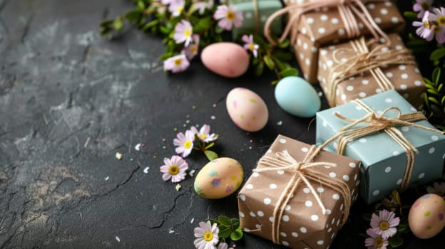 A group of wrapped presents and easter eggs on a table