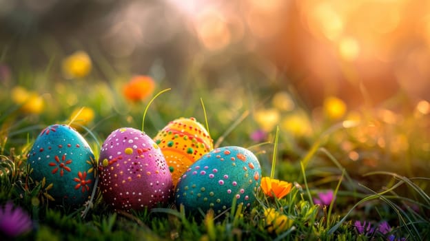 Colorful easter eggs in the grass with colorful flowers
