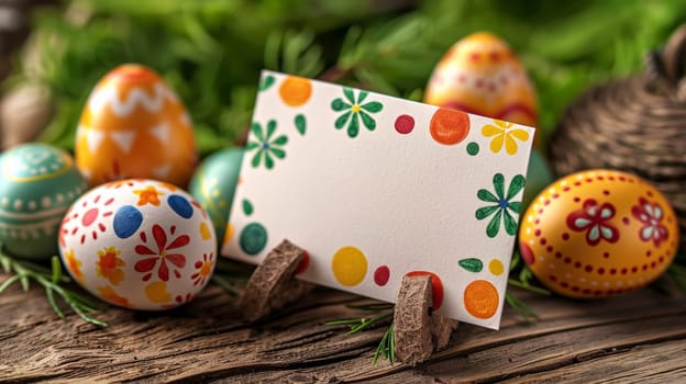 A card with easter eggs and a wooden table