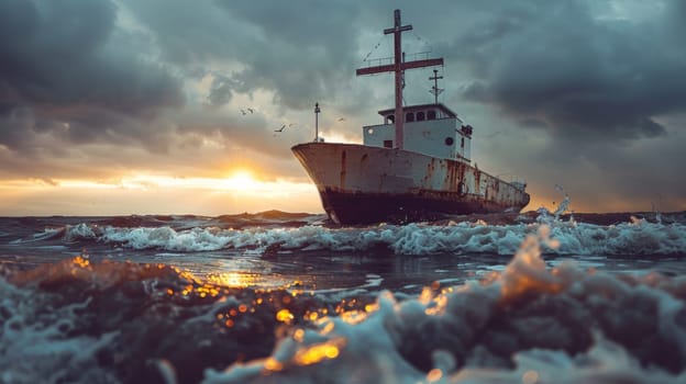 A boat is sitting in the water at sunset