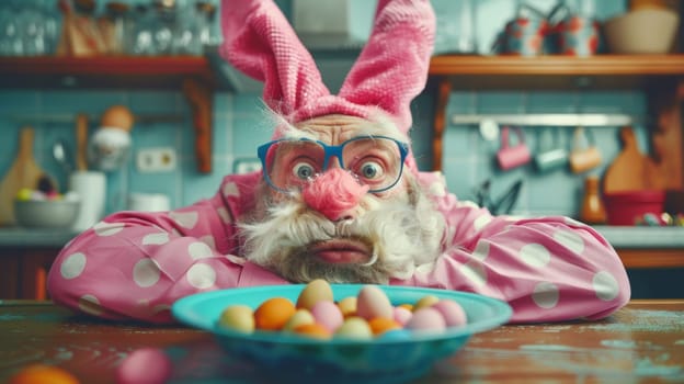 A man with bunny ears and a mustache sitting in front of an easter bowl