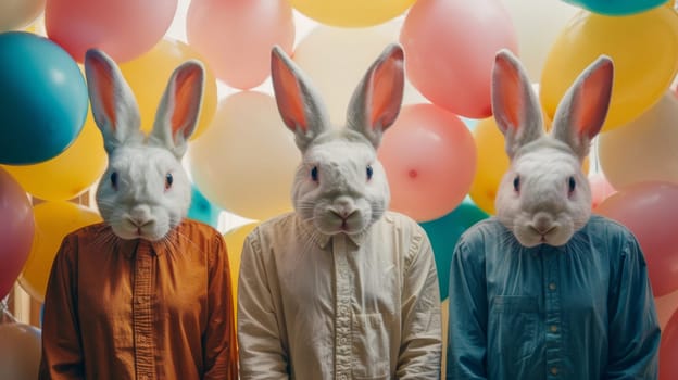 Three people wearing bunny masks standing in front of a wall with balloons