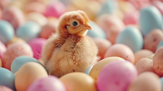 A small chicken sitting in a large group of eggs