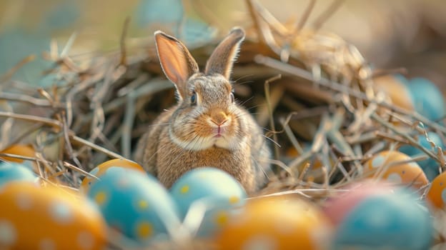 A rabbit sitting in a nest of eggs with other easter decorations