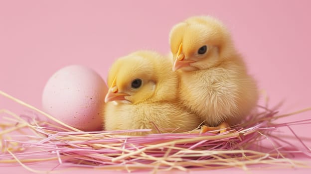 Two baby chicks in a nest with an egg on pink background