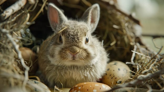 A rabbit sitting in a nest of eggs with its eyes closed