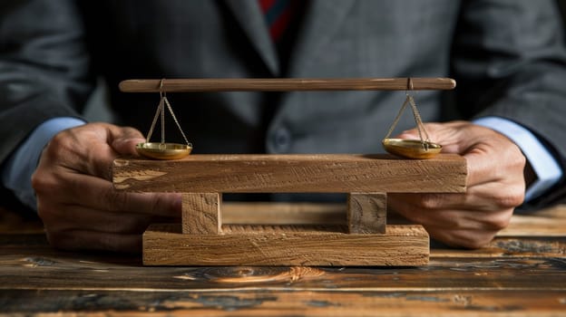 A man in a suit holding two scales on top of each other