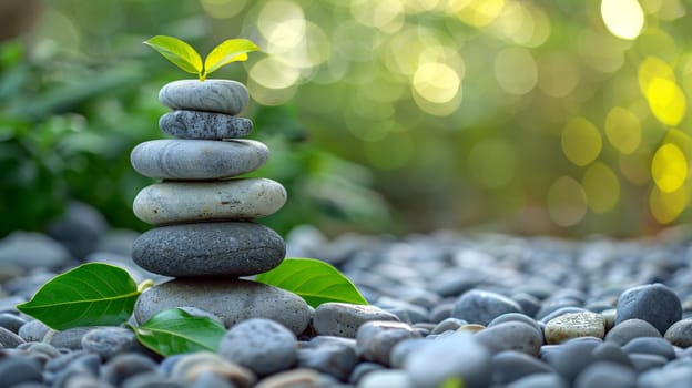 A stack of rocks with a leaf on top sitting in the grass