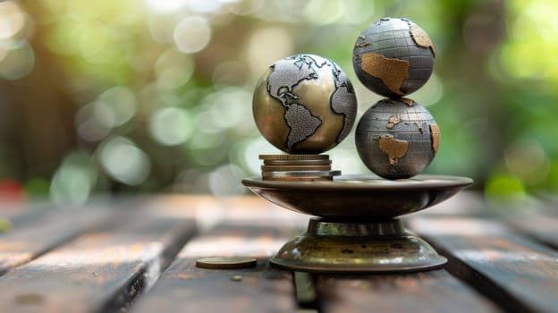 A group of three small globe coins sitting on top of a metal stand