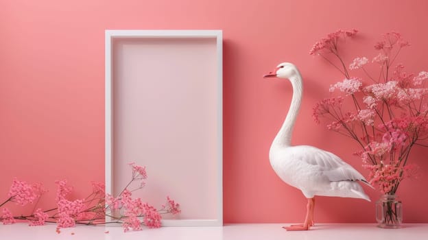 A white swan standing next to pink flowers and a frame