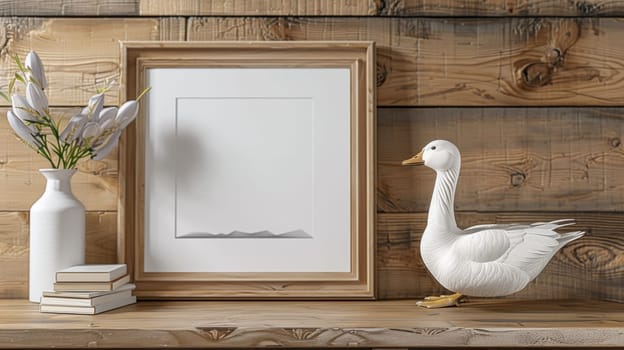 A picture of a white duck sitting next to some books and flowers