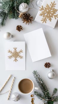 A christmas card with a gold snowflake on it next to coffee and other decorations