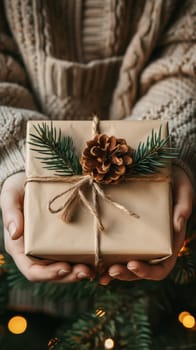 A person holding a wrapped gift with pine cone on top