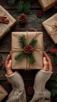 A person is holding a wrapped gift with pine cones and fir needles