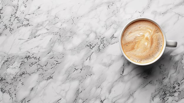 A cup of coffee on a marble counter top with cream