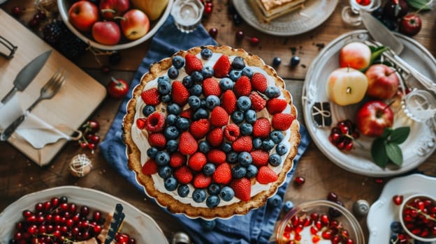 A table topped with a fruit pie and other food items