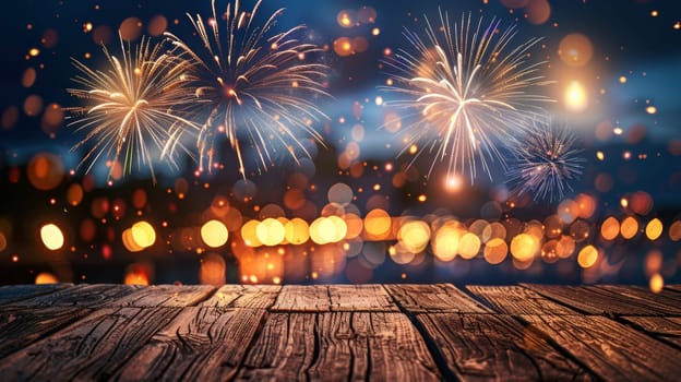 Fireworks over a wooden table with blurred lights in the background