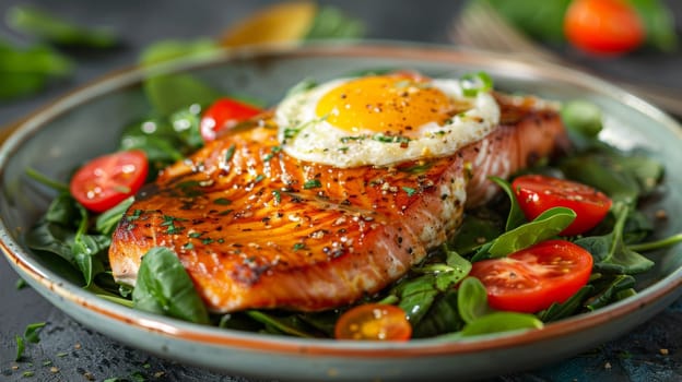 A plate of salmon with an egg on top and tomatoes