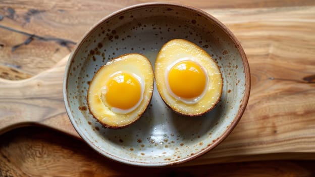 A bowl with two eggs in it on a table