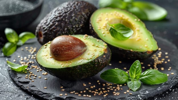 Avocado halves with seeds and leaves on a black plate