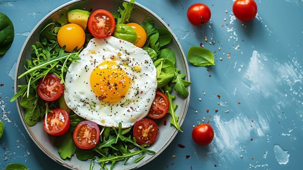A plate of a salad with an egg on top and tomatoes
