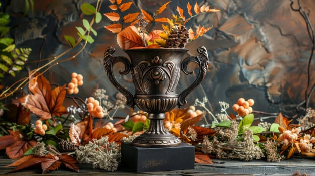 A bronze trophy with flowers and leaves in a vase
