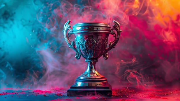 A trophy is sitting on a colorful background with smoke