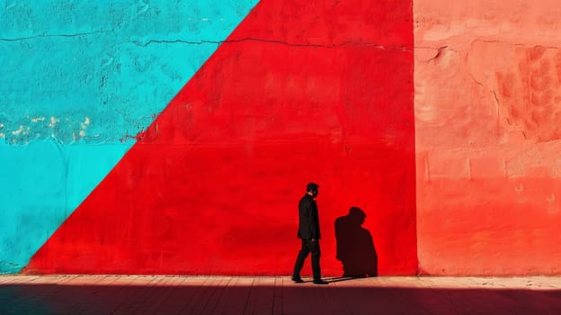 A man standing in front of a red and blue wall