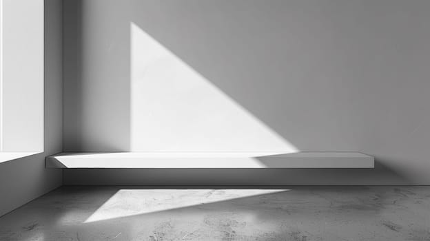 A white bench in a corner of an empty room with light coming through the window