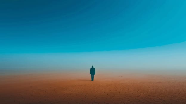 A man standing in the middle of a desert with no one else around