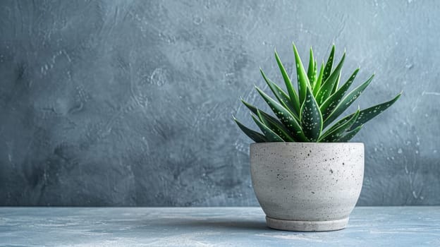 A potted plant with green leaves in a gray pot