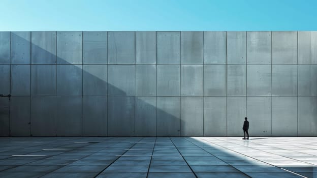 A person standing in front of a large wall with no people