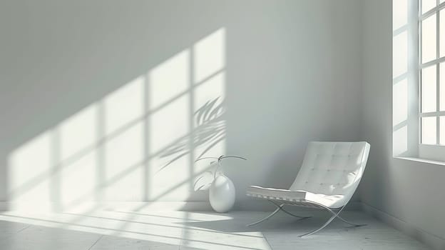 A white chair sitting in a room with large windows