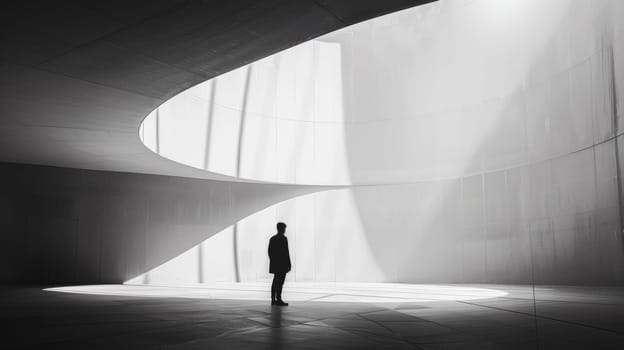 A man standing in a large room with light coming from the ceiling
