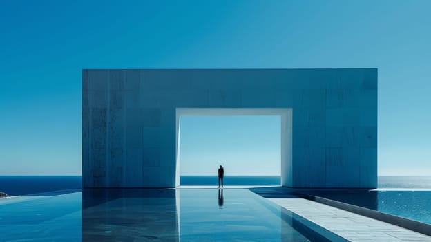 A person standing in front of a large pool with water
